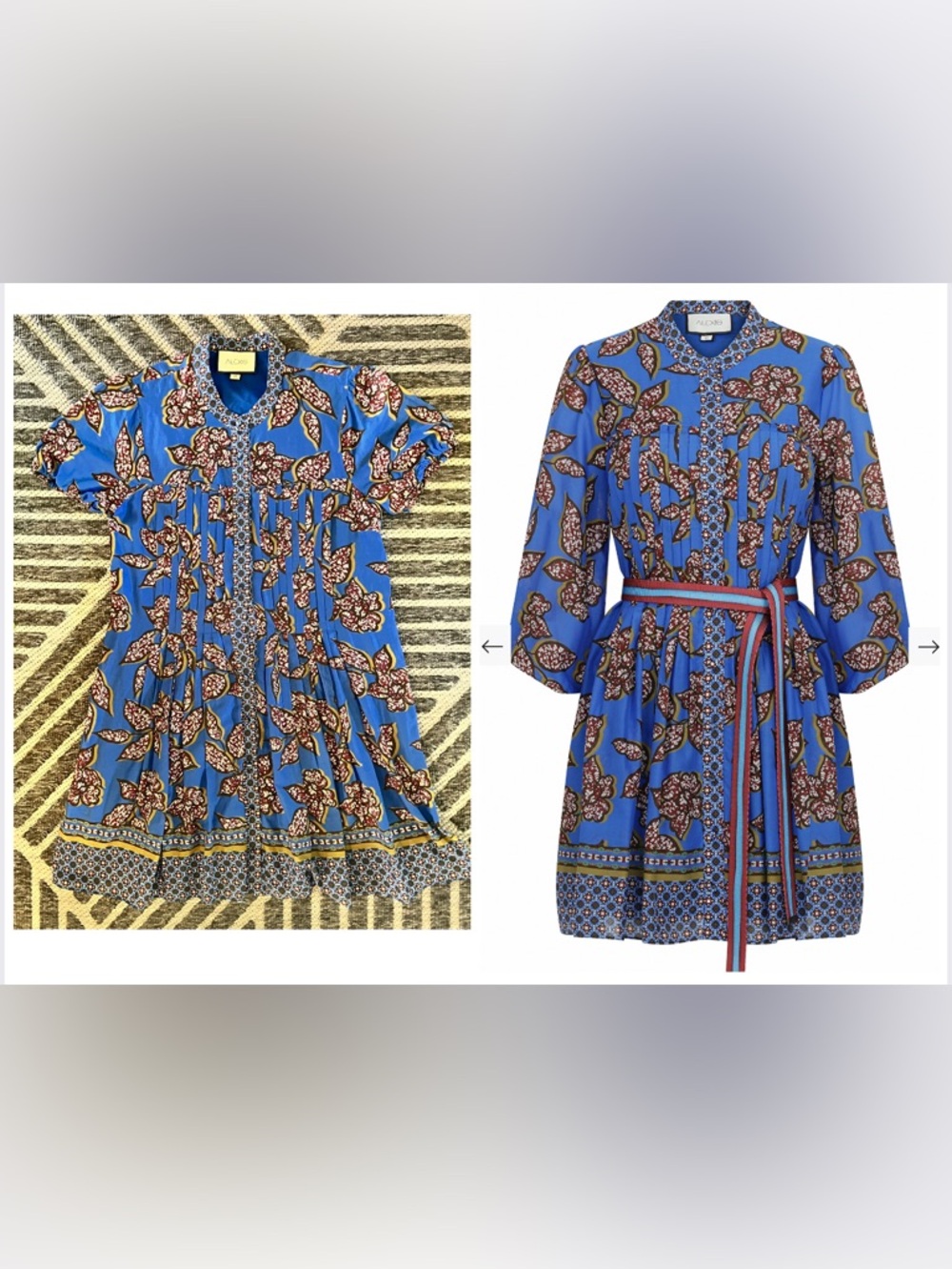 ALEXIS Medium Floral Blue Burgundy Puff Short Sleeve Pleated Mini Dress